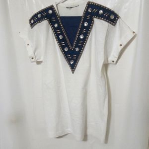 NEW RETRO embellished t-shirt white golden studs and faux diamonds